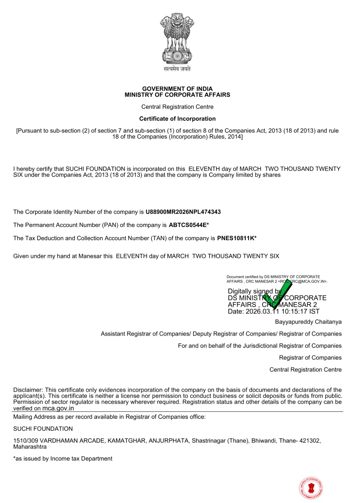 Certificate of Incorporation